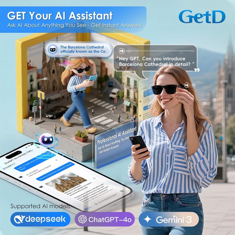 GetD AI Glasses for Men & Women, Smart Glasses Powered by ChatGPT, AI Real-time Translation with 145 languages, 11H Music Play, Bluetooth Sunglasses with Polarized Lens, UV Protection for Daily Use, Travel - Image 4